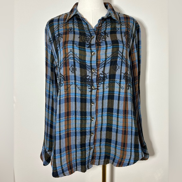 Free People Tops - Free People Magical Plaid Embroidered Shirt